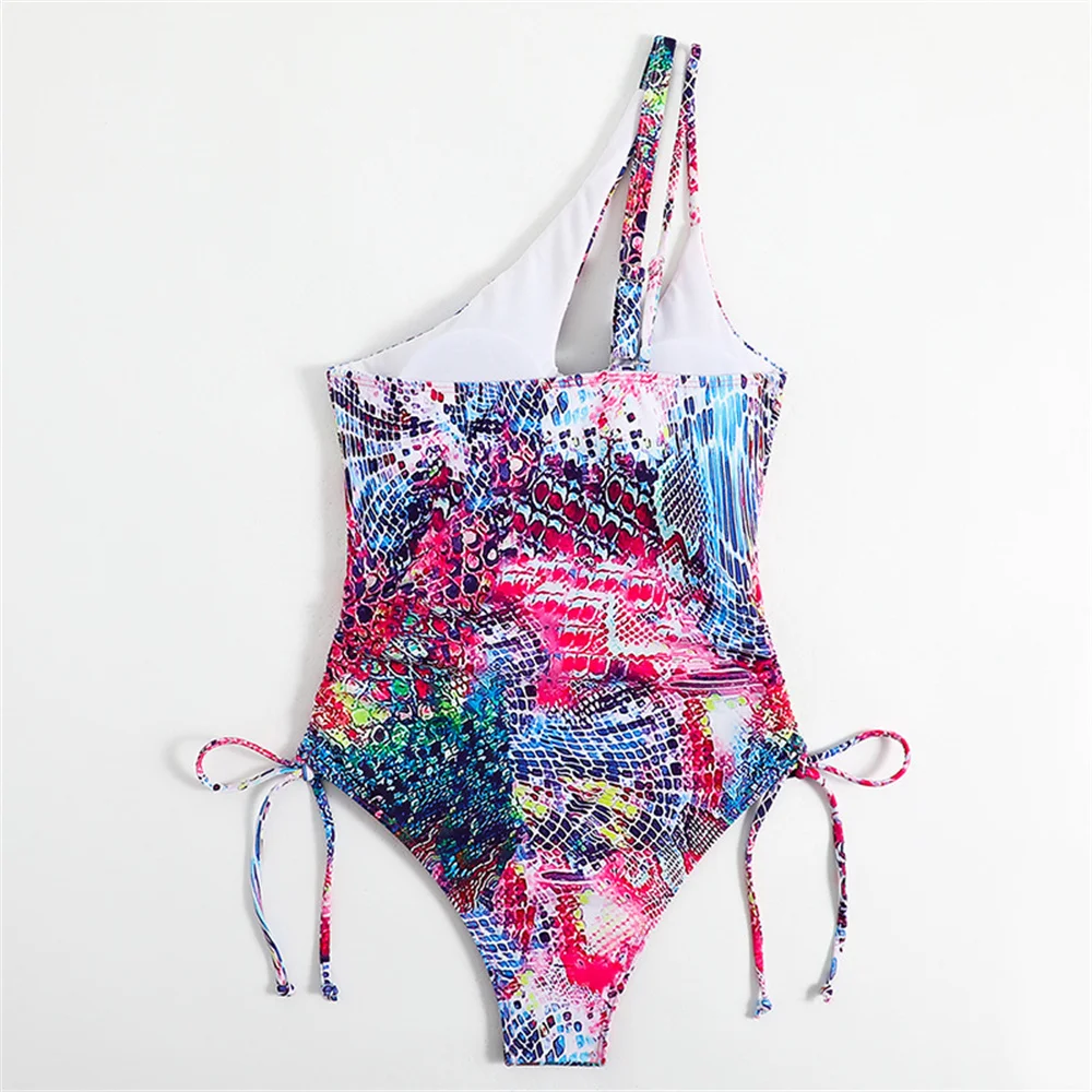 Multicolor Printed Bikini Single-shoulder Vacation Swimsuit Women One-piece Graffiti Y2K Hollow Drawstring Swimwear Beach Outfit