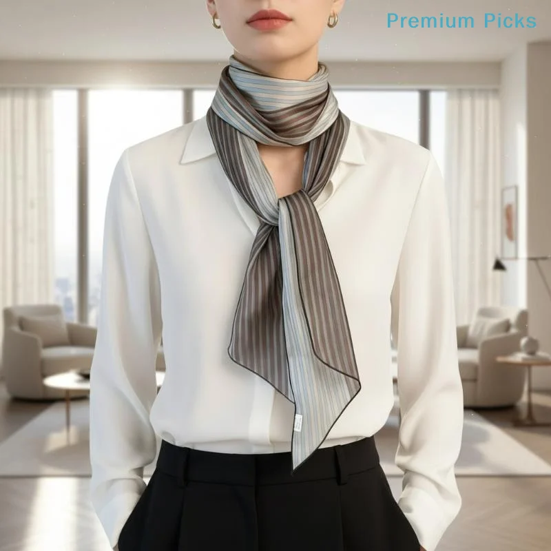 portableWomen Striped Silk Scarf Vintage Double Sided Print Elegant Neck Square for Formal Party Travel