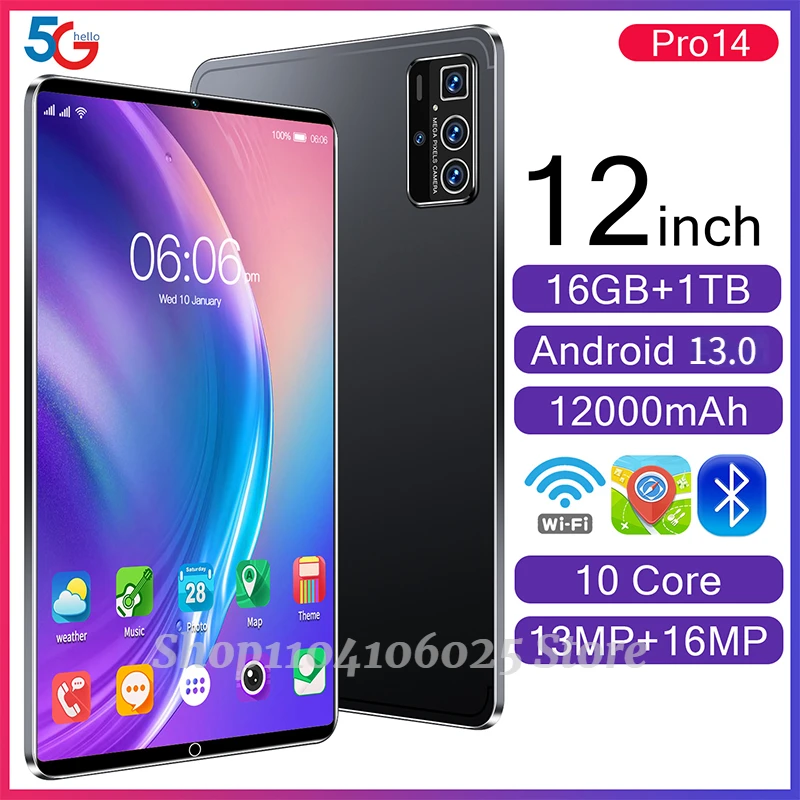 

NEW Global Version 12 Inch Tablet Android13 16GB 1TB 12000mAh Dual SIM 10 Core WPS GPS Bluetooth 5G Network Tablet PC Ipad