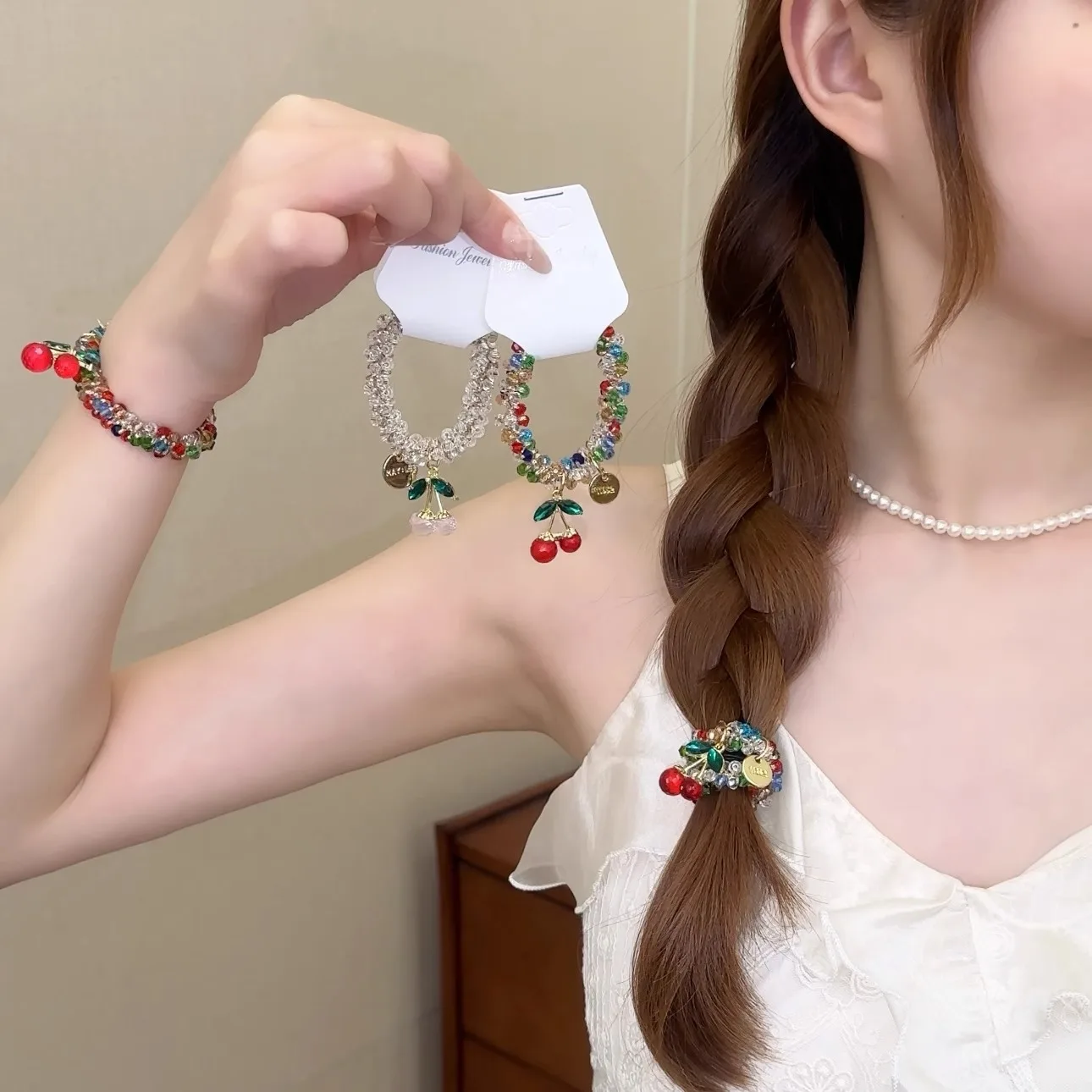 

Блестящие акриловые резинки для волос, вишневая резинка, бусины, эластичные резинки для волос, аксессуары для волос для женщин, повязка на голову, браслет двойного назначения