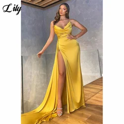 Lily Gold Prom Dress Strapless Pleated Evening Dress Sexy Mermaid Satin Party Dress Sexy High Side Split Vestidos De Noche