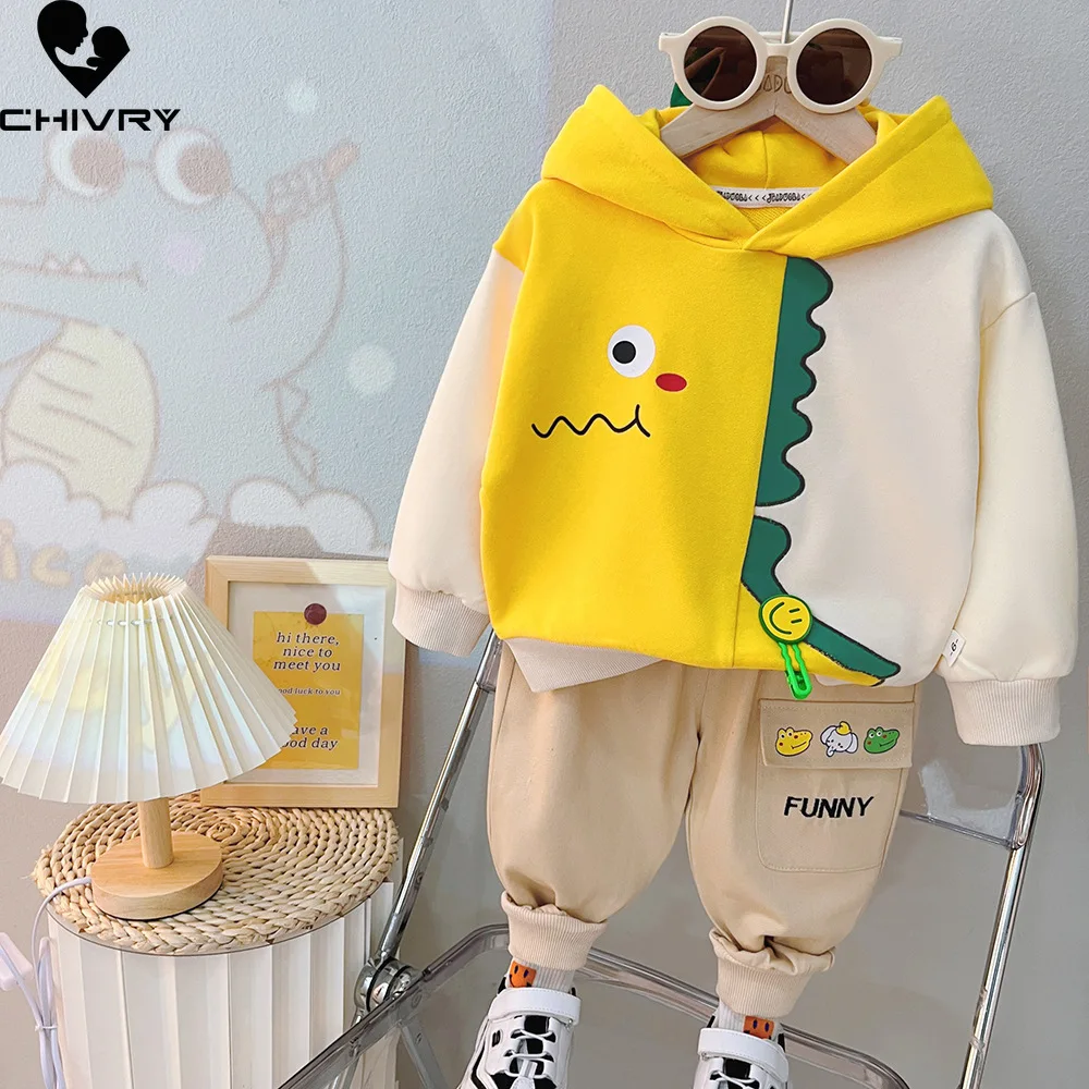 New Baby Boys Spring Autumn Fashion Cartoon Animal Patchwork Hooded Hoodies Sweatshirt with Pants Kids Casual Clothing Sets