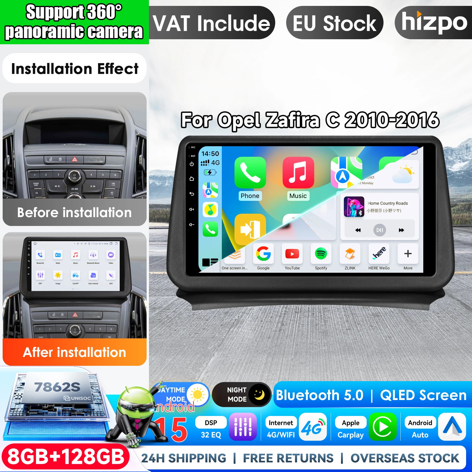 Samochodowy odtwarzacz multimedialny z funkcją wyświetlania wideo do modelu Opel Zafira C (roczniki 2010, 2011, 2012, 2013–2016). Radio samochodowe z nawigacją GPS, ekranem QLED, systemem 2 DIN,
