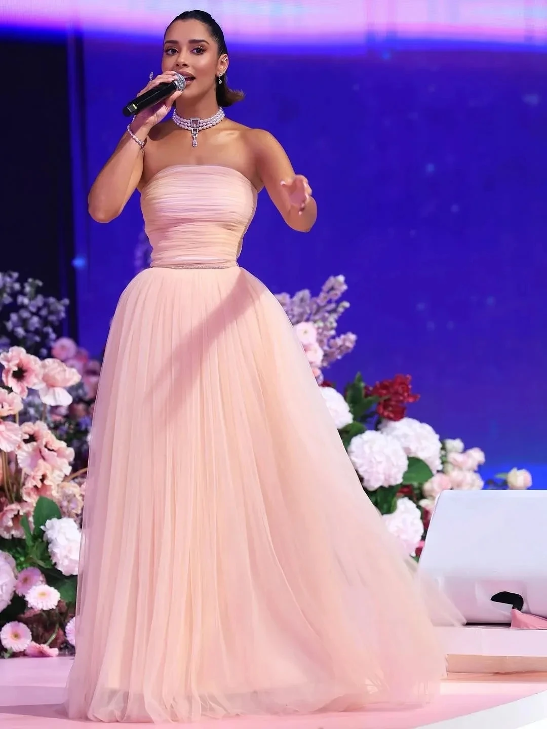 

Elegant Pink A-line Evening Dress 2026 Strapless Pleated Tulle Floor Length Formal Prom Party Gowns Pageant Robe De Soriee