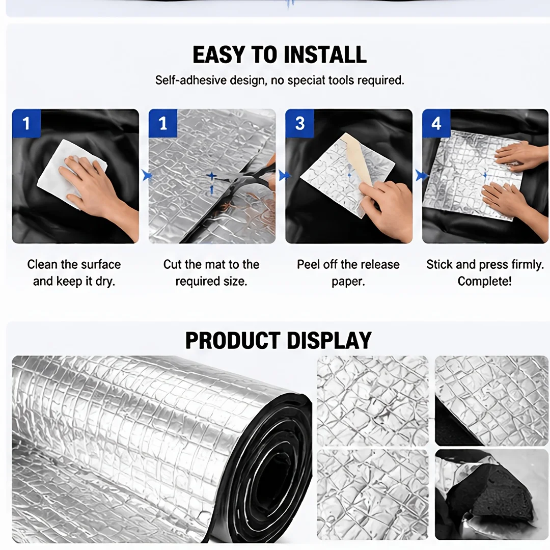 Self-Adhesive Aluminum Foil Insulation Roll Heatproof Soundproof and Noise Reduction for Car RV Foam Floor Roof Pipe Insulation