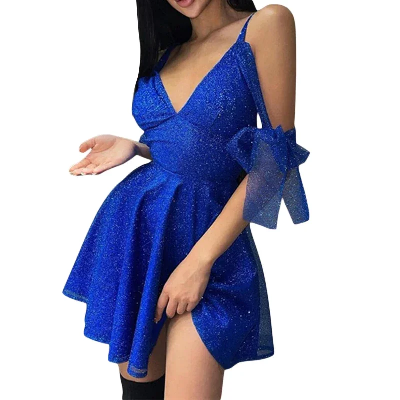 Sexy Women Sleeveless Strap Short Mini Dress Summer Party Clubwear V-neck Backless Off Shoulder High Waist Vestidos