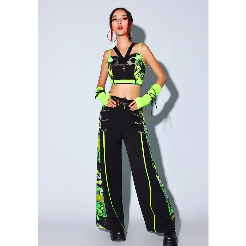 Jazz Dance Clothes Women Kpop Stage Outfit Green Black Tank Top Pants Skirt Set Girl Group Gothic Wear Nightclub DJ Hip Hop Suit