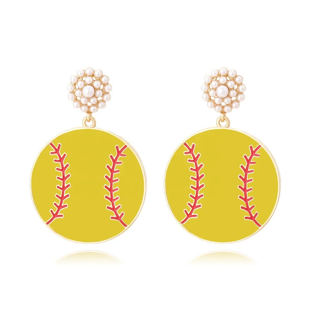 

Fashion Yellow Baseball Stud Earrings White Layer Learl Round Stud Earrings for Women Sports Beach Party Jewelry Gift