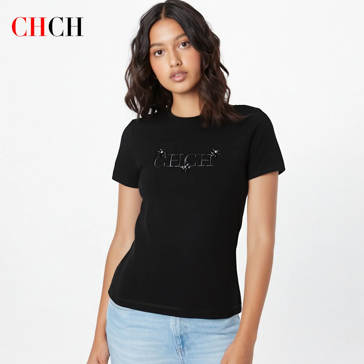 CHCH Women's T-shirt New Black Heavy duty Embroidered Round Neck Top Casual Comfortable Top