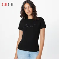 Camiseta CHCH para mujer, nueva camiseta negra resistente bordada con cuello redondo, Top informal cómodo