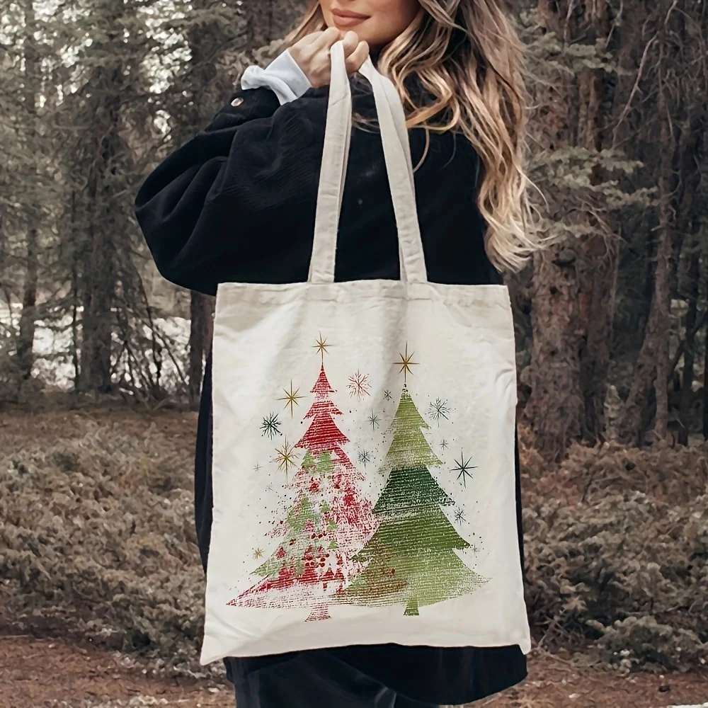 Christmas Tree Canvas Tote Bag Watercolor Red Green Xmas Tree Star Print Large Capacity Shoulder Bag Daily Shopping Handbag