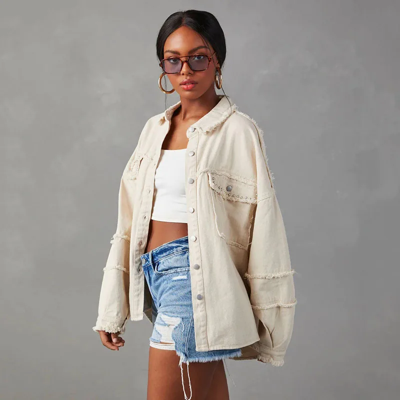 2024 New Arrivals Women's Denim Coat Streetwear Style with Rivet, Loose Mid-length Fashion Jacket