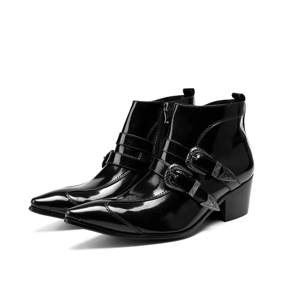 

Black Patent Buckle Leather Thick High Heels Pointed Toe Zipper Boots Male Plus Size Party British Style Wedding Dress Shoes