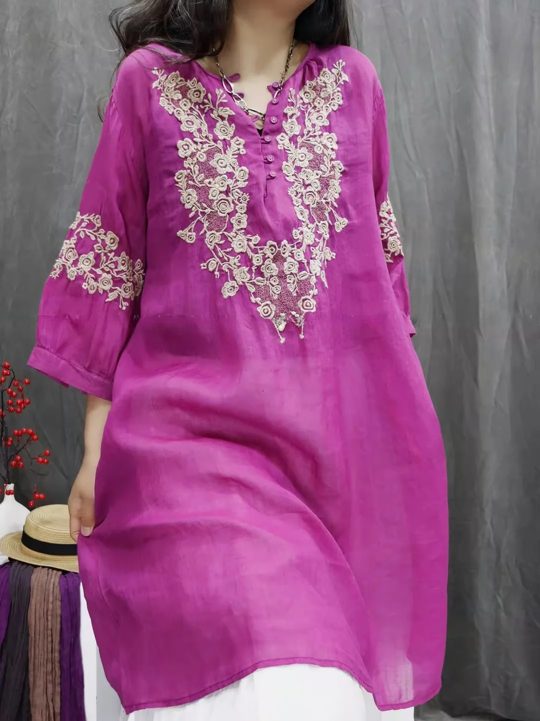 Retro Cotton Linen Embroidered Loose Fit Shirt Dress Versatile Spring Summer Fashionable Medium Length Casual Women's Blouse
