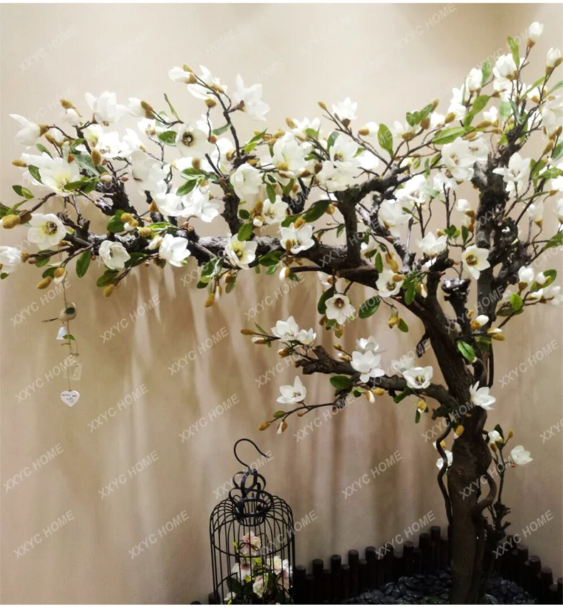 100/Artificial Magnolia Tree Artificial Flower Solid Wood Fake Trees Window Shaped Tree Simulated Plants Floor Decorative