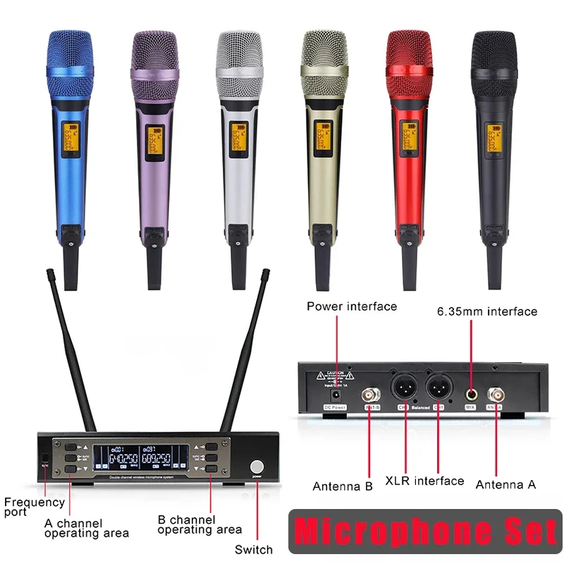 

Wireless UHF Microphone Stage Wedding Mic Speaker Karaoke Performance Show Party Player Dual Channel Microphones High Low Bass