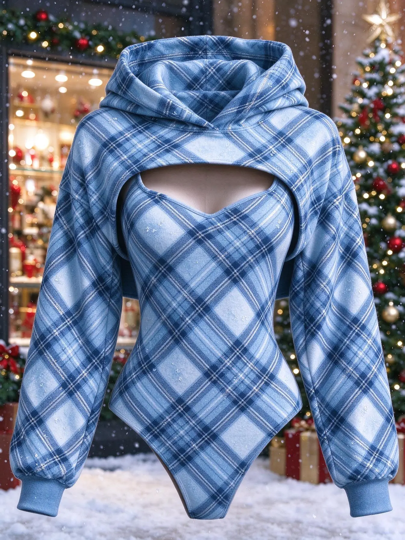 Women 2Pcs Red Tartan Plaid Print Bodysuit + Hooded Shrug Christmas Costume