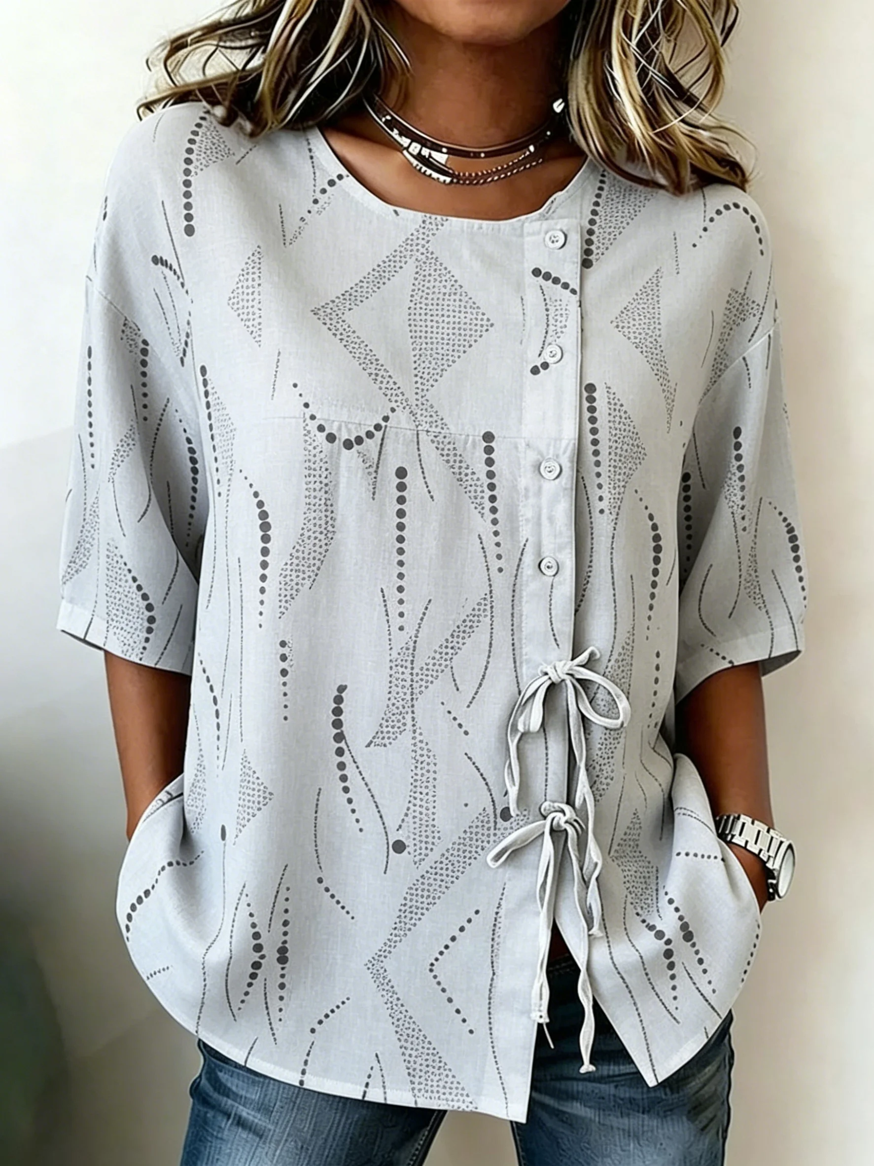 

Women's Light Grey Abstract Dot Print Button & Tie Front Blouse, Casual Stylish Top for Spring Summer Daily & Versatile Wear