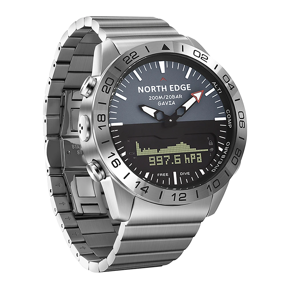 

NORTH EDGE GAVIA Men Sports Digital Analog Watch Diving Watch Full Steel Business Wrist Watch Altimeter Compass 100m Waterproof