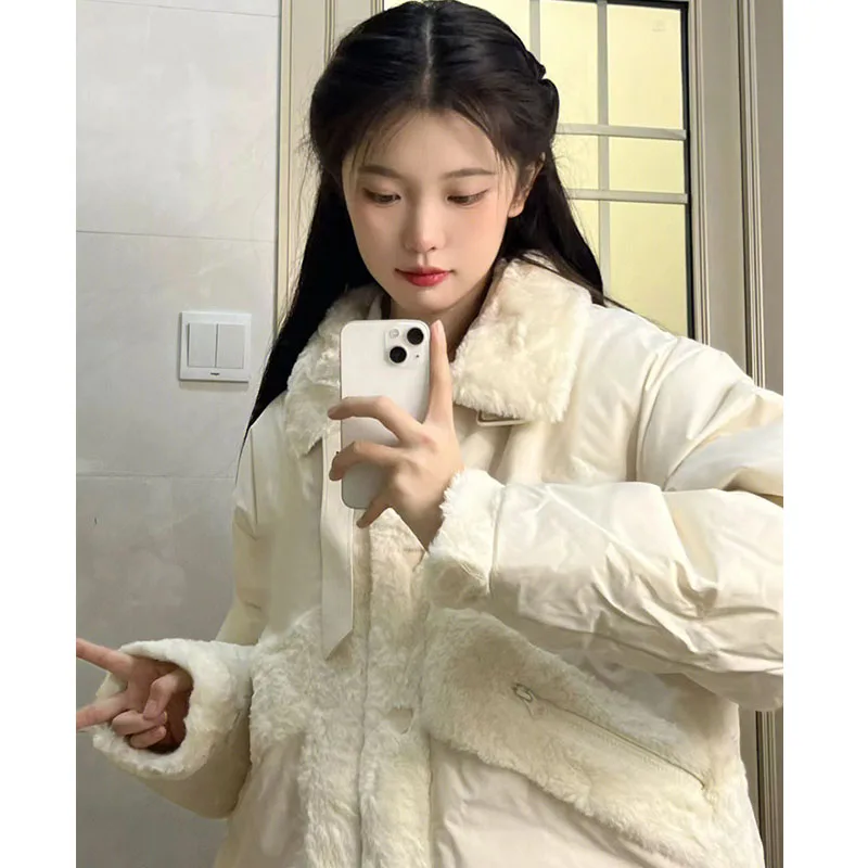 White Plush Loose Cotton Coat Women's Winter New Korean Edition Plush Thickened Single Breasted Small Cotton Jacket