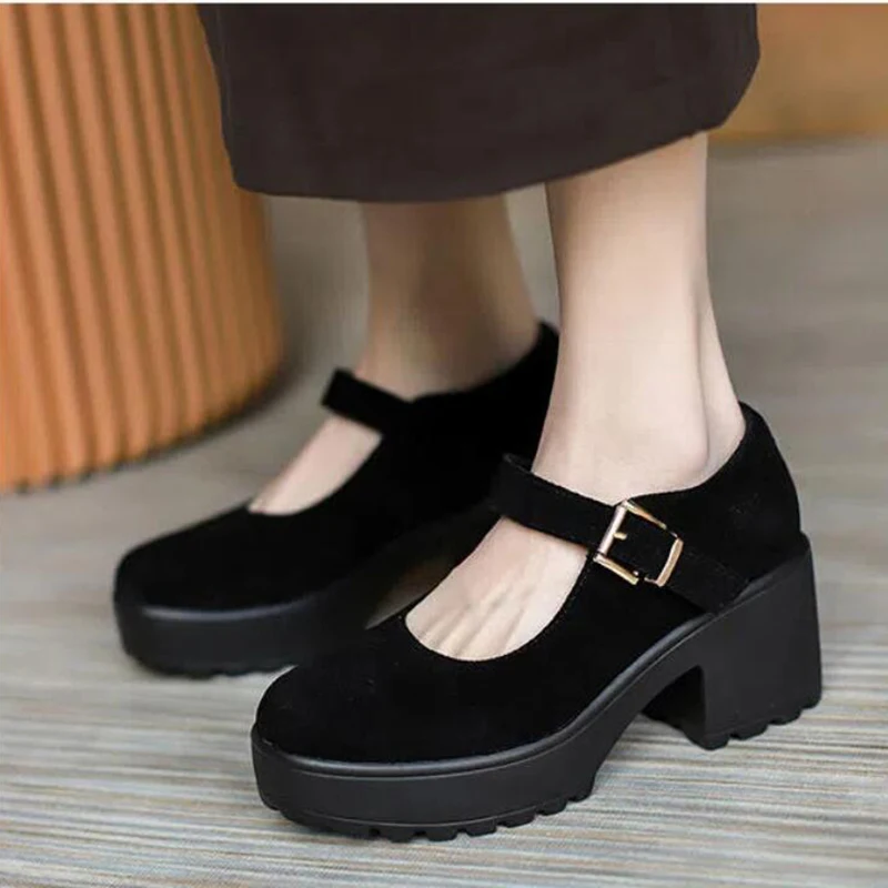 Autumn Women Flock Mary Jane Thick-soled Square-heeled Shoes Female Harajuku thick-heeled Japanese Single Shoes 2024 Pumps