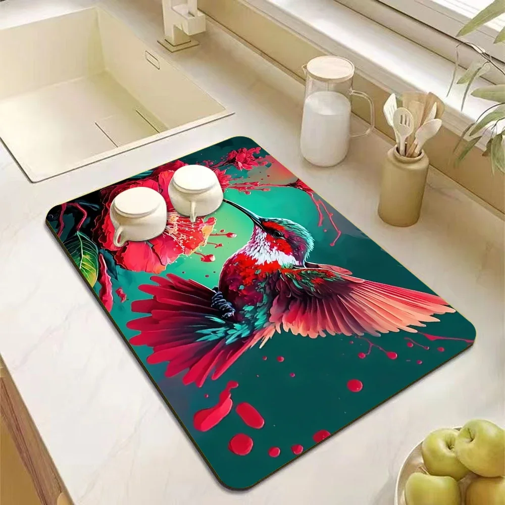 Humming Bird Print Super Absorbent Kitchen Mat Drying Mat Quick Dry Drain Pad Tableware Mat Non Slip Dinnerware Coffee Placemat