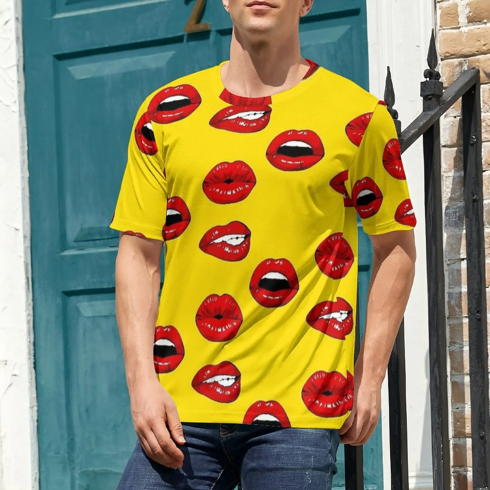 Man Bright Yellow Mixed Red Lip Repeat T-Shirt Popular T-Shirts Short-Sleeved Pattern Tshirt Hot Sale Summer Plus Size Clothes