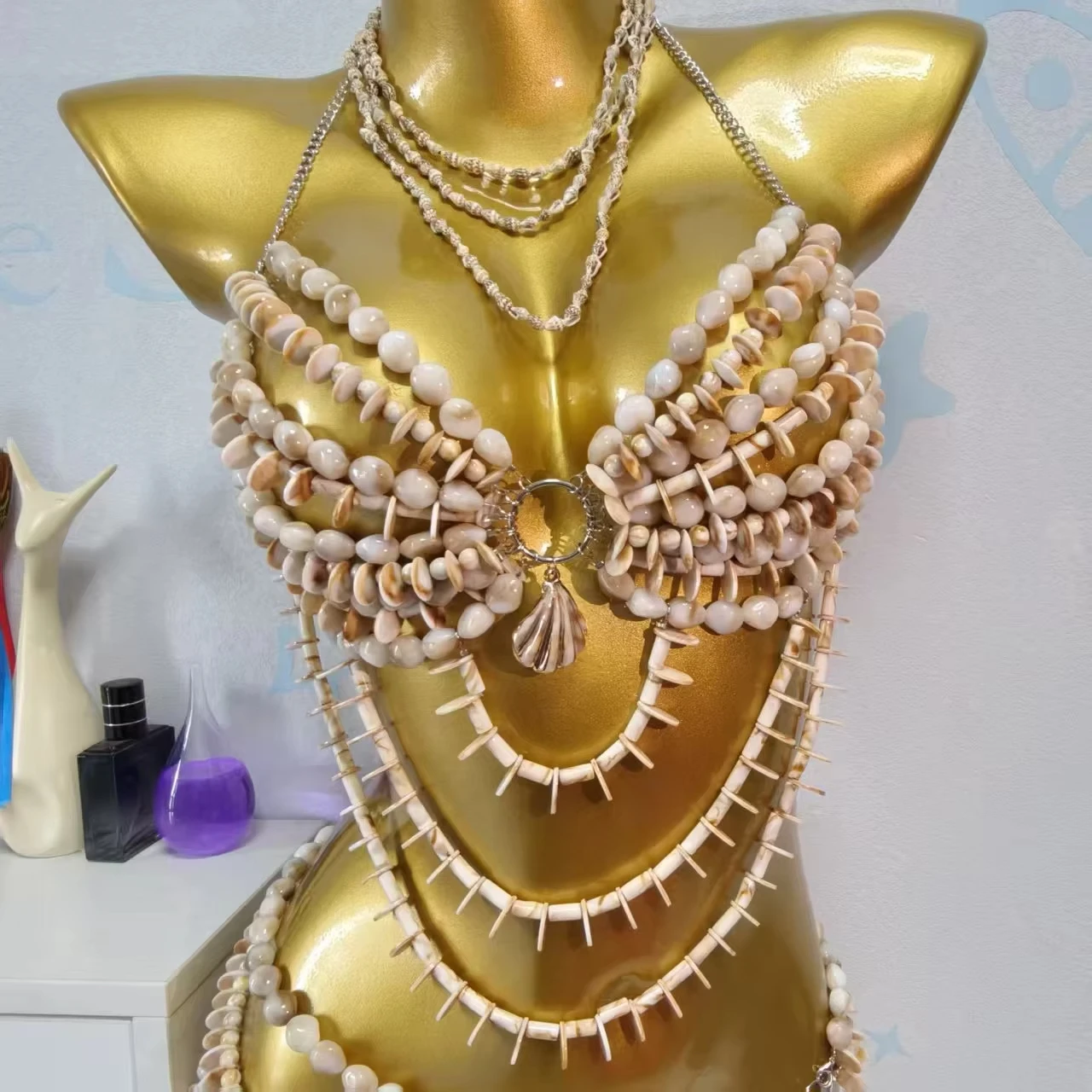 Handmade Goddess Mermaid Carnival Outfit Bead Bra Top And Waist Chain Beach Accessories 2-Piece Bead Shell Body Jewelry Set