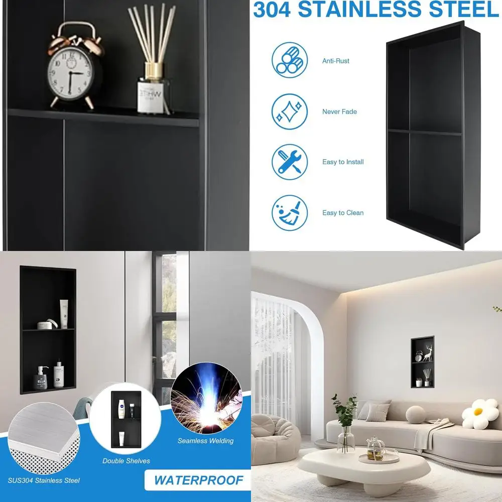 

12 x 24 Stainless Steel Shower Niche with Double Shelves, Matte Black, No Tile Required