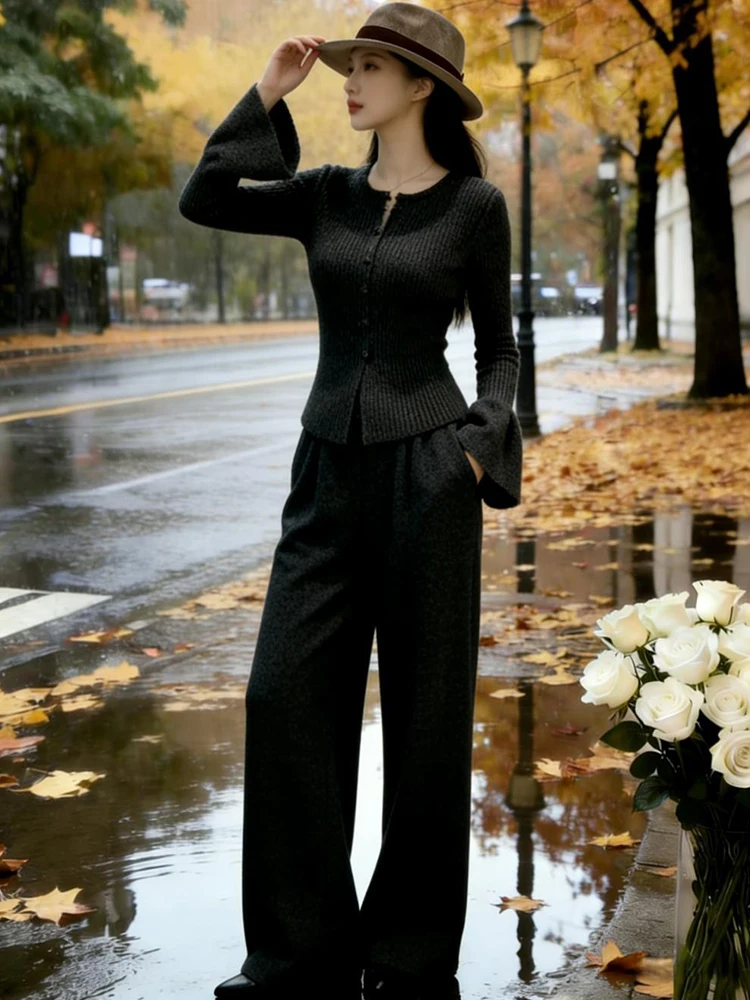 

Elegant Casual Knitted Set Women's Spring 2026 New Bell Sleeve Open Cardigan Long Sleeve Top High Waist Wide Leg Pants Two Pi...
