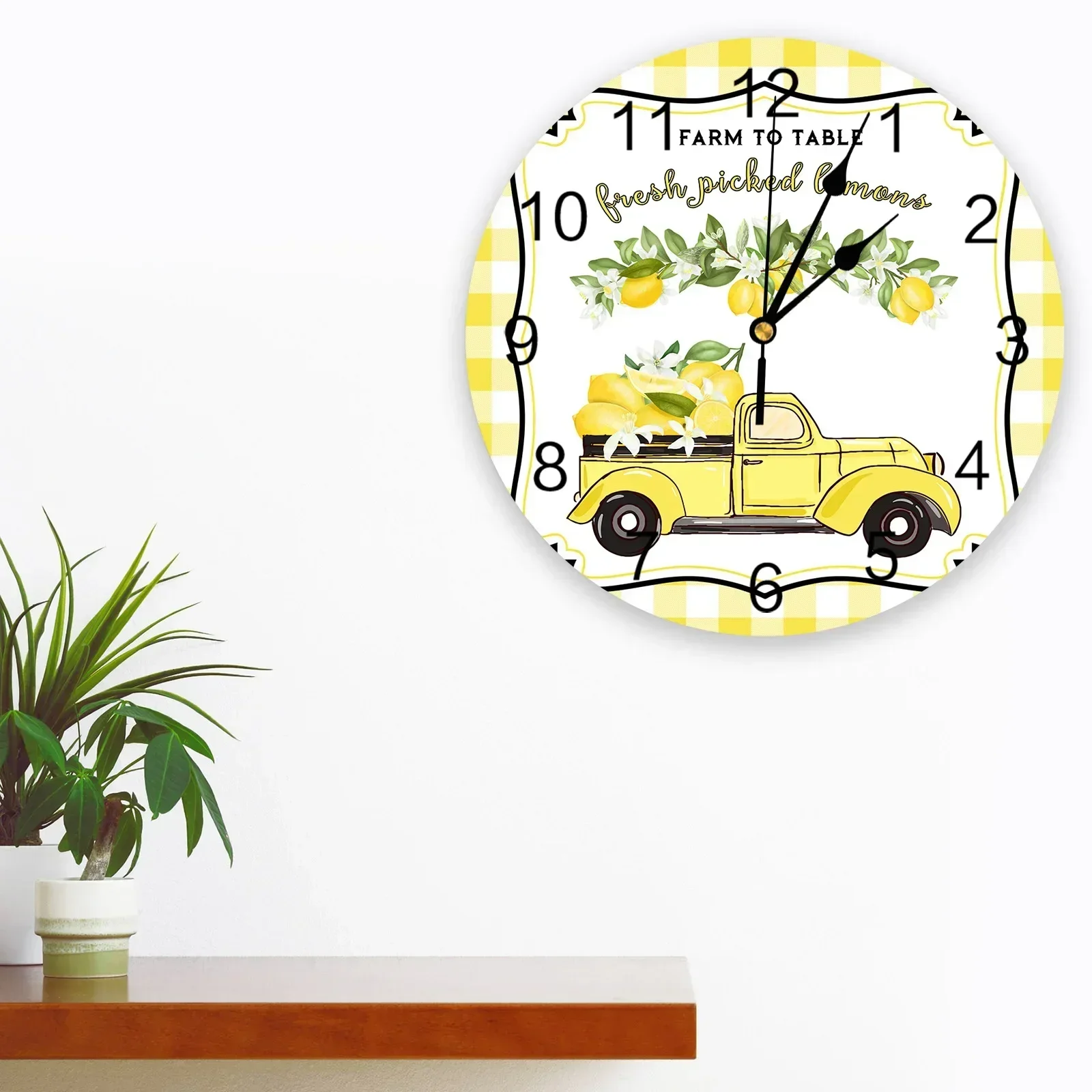 Farm Lemon Truck Yellow Plaid 3D Wall Clock Modern Design Living Room Decoration Kitchen Clock Art Wall Watch Home Decor