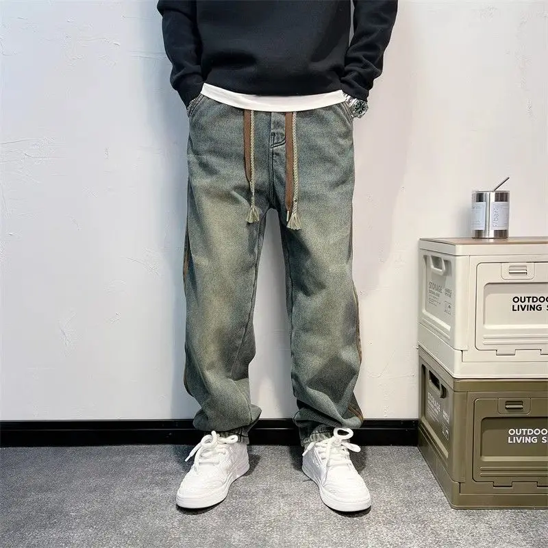 

Мужские повседневные джинсы свободного кроя с эластичным поясом, винтажные, прямые, из хлопкового стрейч-денима, универсальные, комфортные, весна 2026