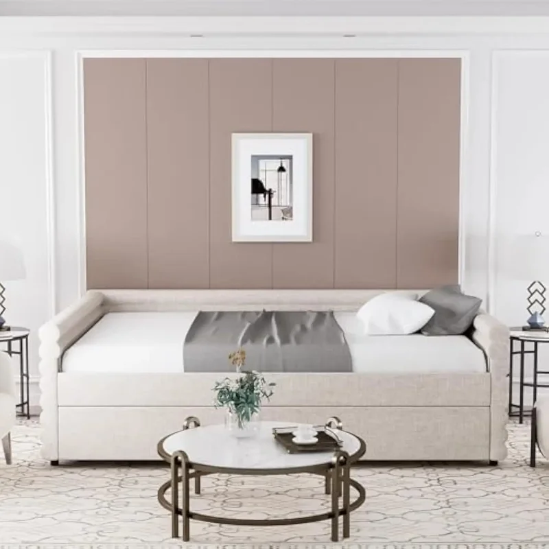 سرير نهاري منجد بالحجم الكامل مع دولاب ومسند ظهر، ودعم شريحة خشبية، ونسيج كتان، وحجم مزدوج #6