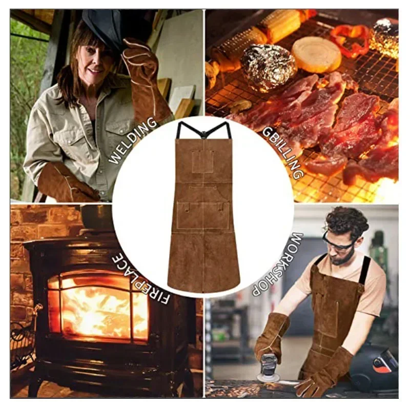 Cowhide Real Leather Work Shop Apron with 6 Tool Pockets Heat & Flame Resistant Durable Heavy Duty Welding Apron for Men Women