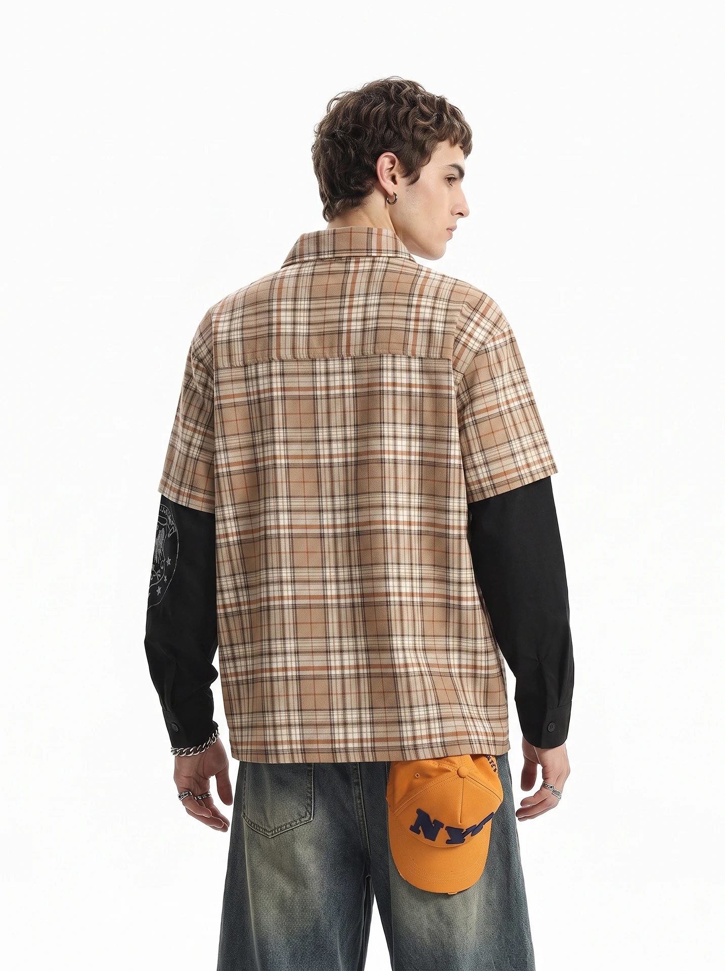 American Retro Long Sleeve Shirt Men's Street Style Checkered Plaid Loose Fit Fake Two-Piece Button-Up Youthful Printed Letter