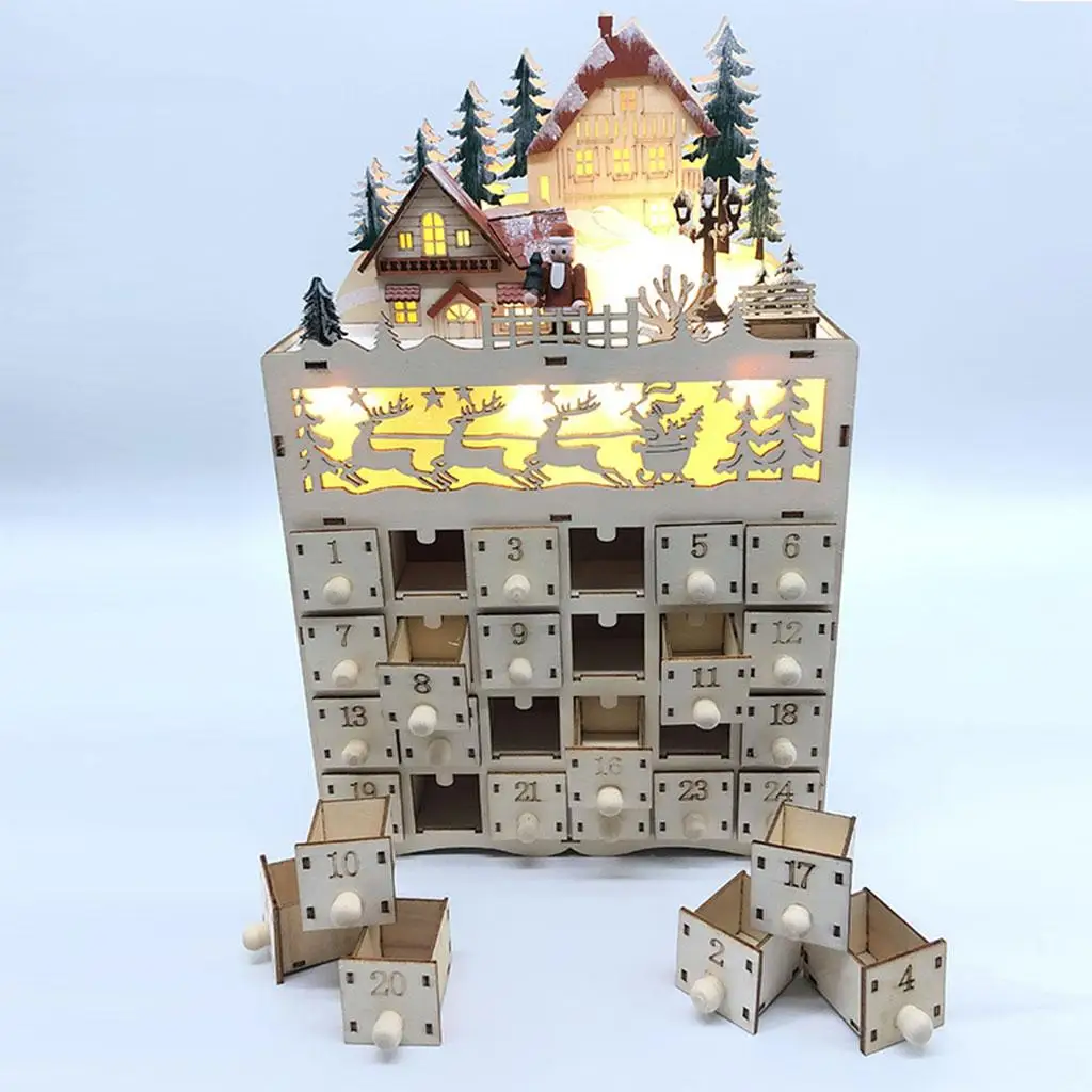 

Christmas Wooden Advent Calendar Countdown Decoration 24 Removable Fillable Drawers with LED Light