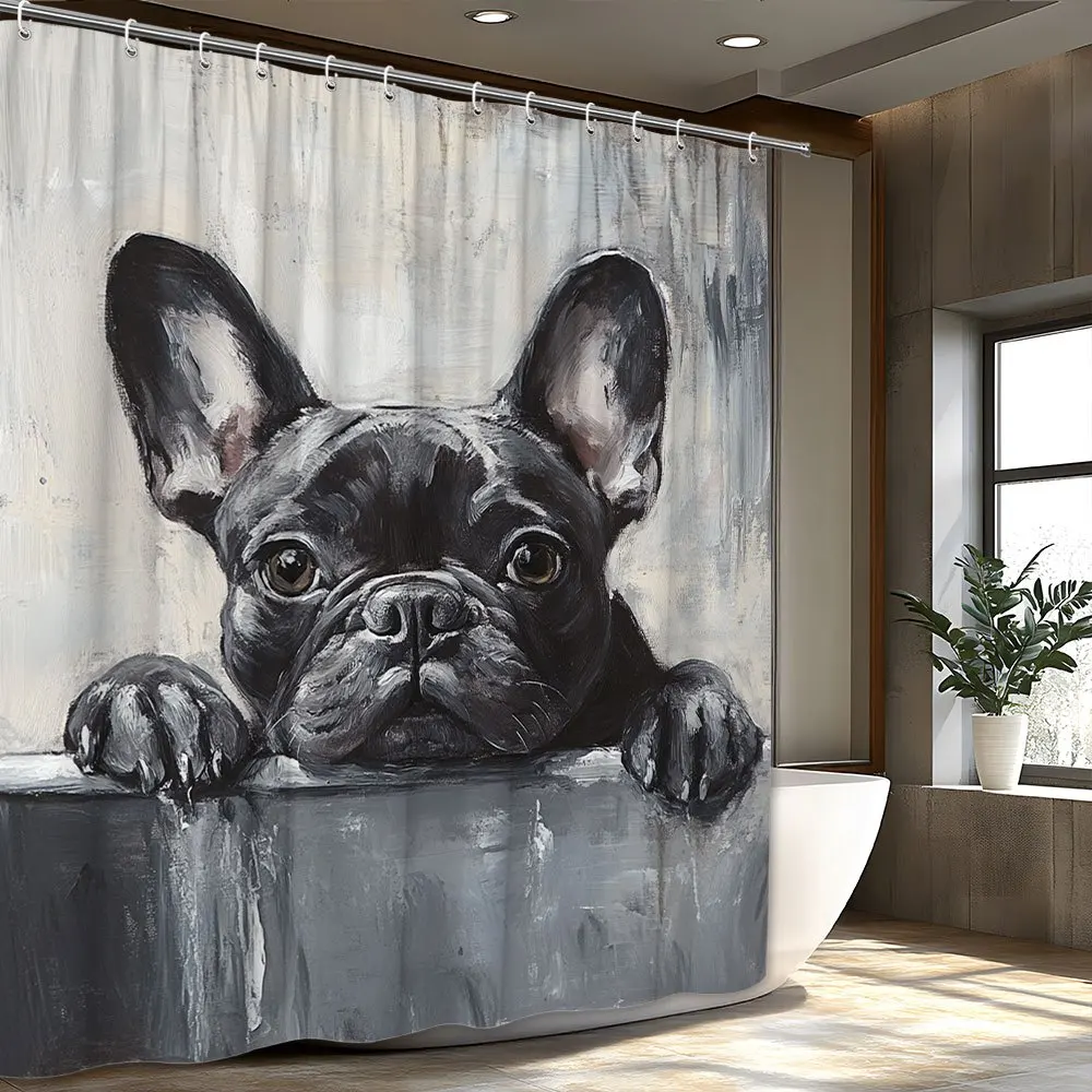 Black French Bulldog Shower Curtain Featuring a Realistic Oil Painting with Large Expressive Eyes And Perky Ears