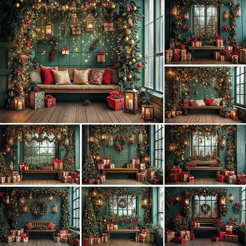 

LS Photography Background Winter Christmas Green Window Curtain Xmas Tree Kids Family Portrait Decor Backdrop Photo Studio