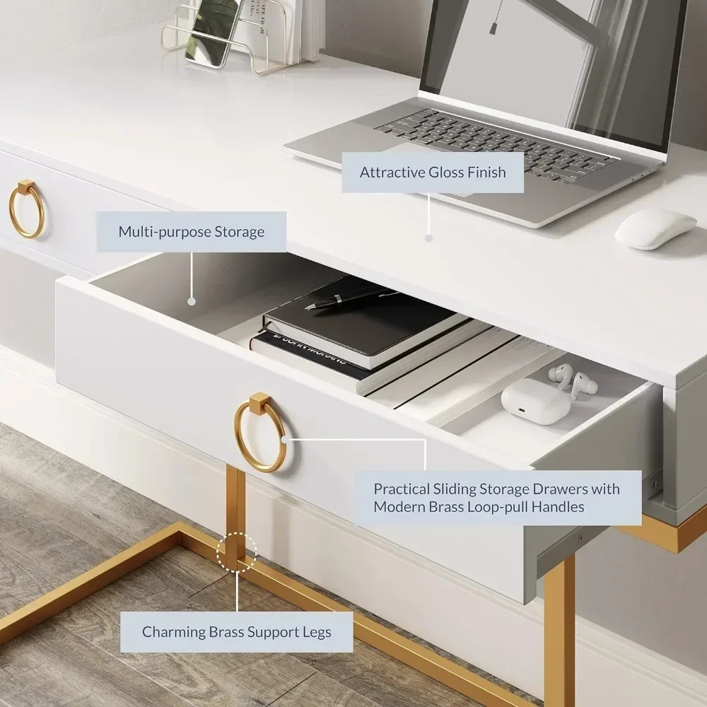 Escritorio de tocador con 2 cajones, escritorio para computadora de 45 pulgadas, tocador de maquillaje moderno, escritorio de oficina en casa, mesa de escritura para estudio portátil, color blanco
