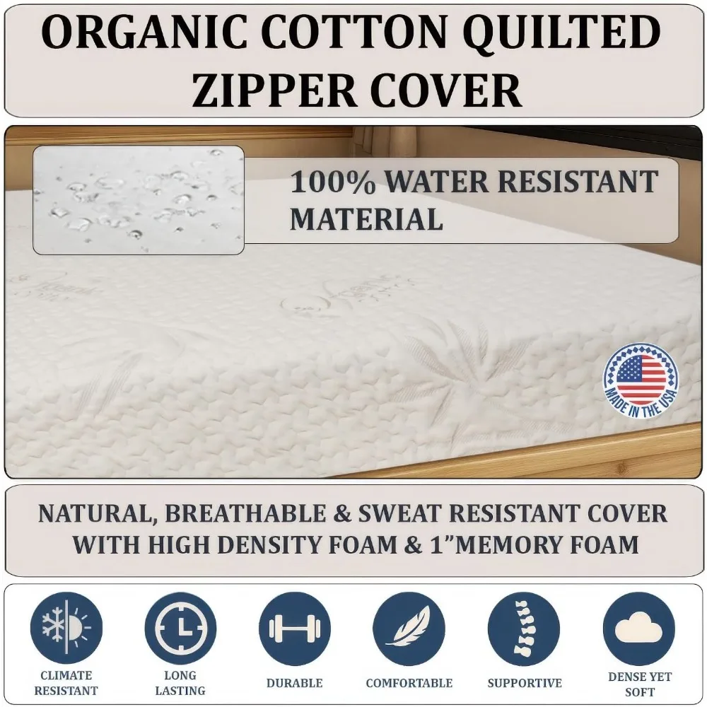 RV用ジェルメモリーフォームマットレス - 4 x 24 x 72、硬めの密度ベース、耐水性オーガニックコットンカバー、米国製