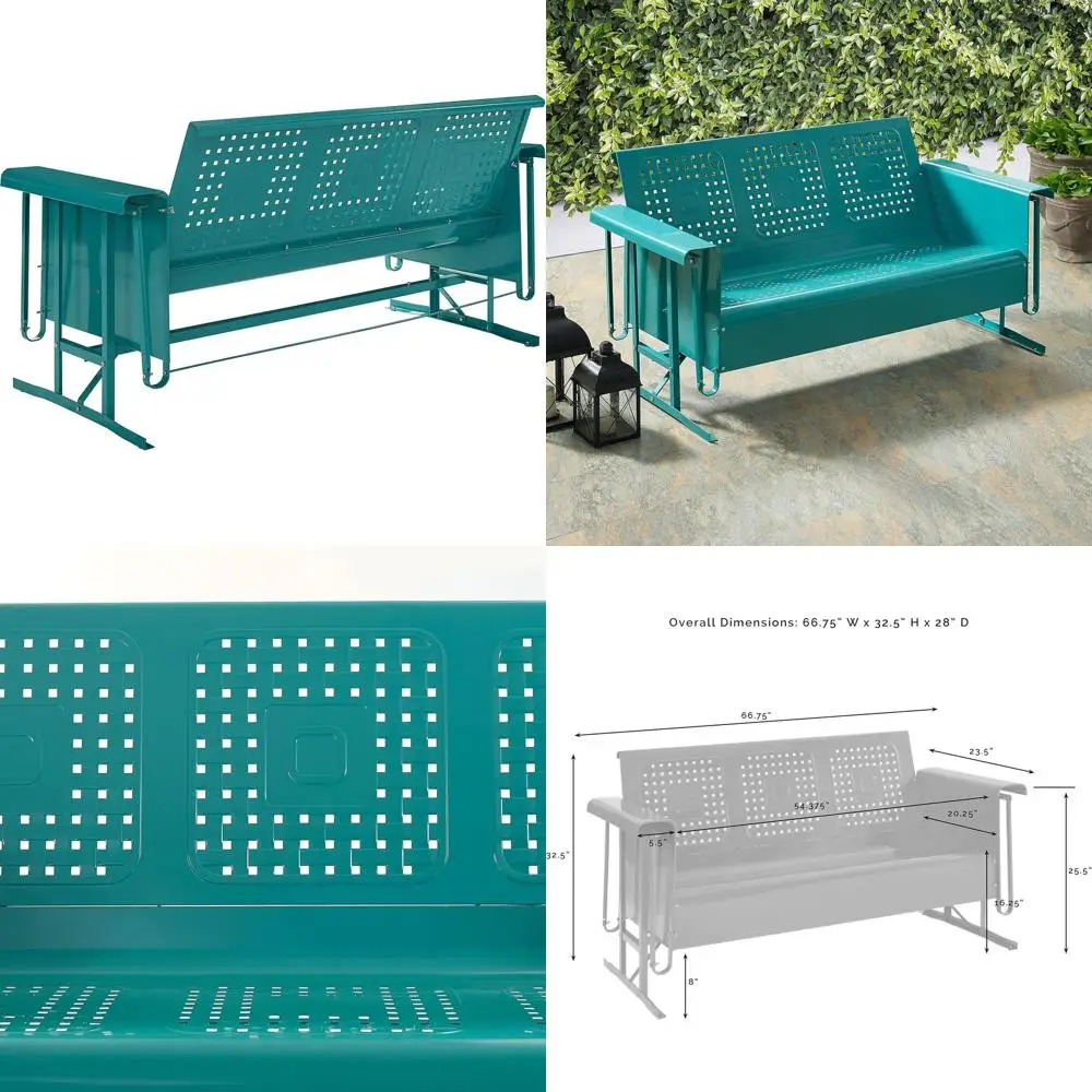 

Садовая качалка Bates Retro Metal Soa Glider, трехместная, для патио или веранды, бирюзовый глянцевый цвет