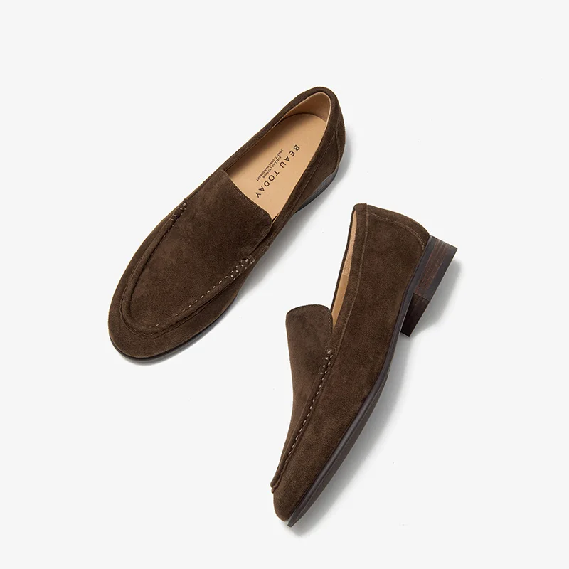BEAUTODAY Mocassin Loafers Women Sheep Suede Leather Slip-on Sewing Solid Color Round Toe Flats Ladies Shoes Handmade 26286