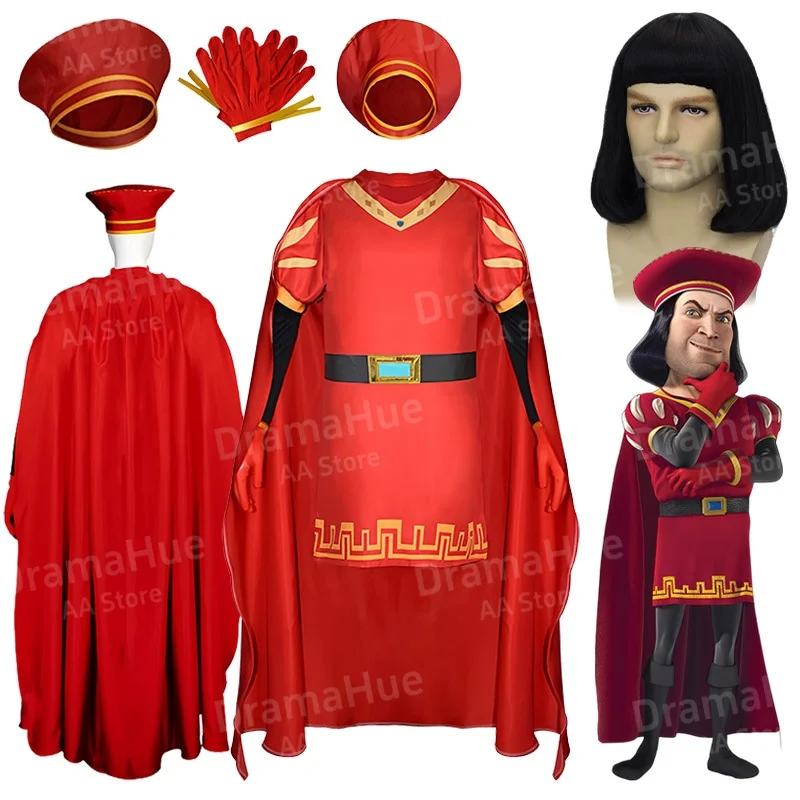 Costumes de cosplay du Seigneur Farquaad du film, hauts de cosplay Shrek, cape, gants, chapeau, costume du Seigneur Farquaad, perruque, Halloween, carnaval, cosplay adulte homme