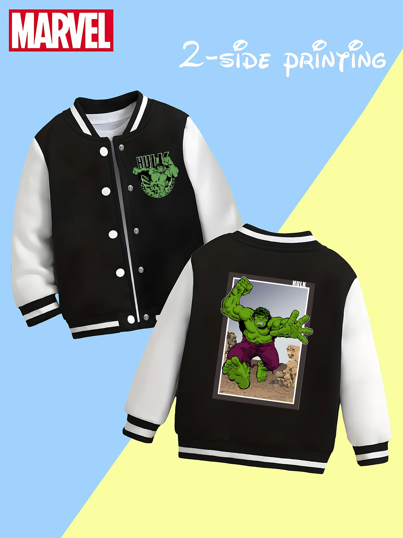 

MINISO Marvel Boys Baseball Jacket - Hulk Power, Classic Black and White, Soft Fabric for Warmth and Comfort, Fashionable and Tr