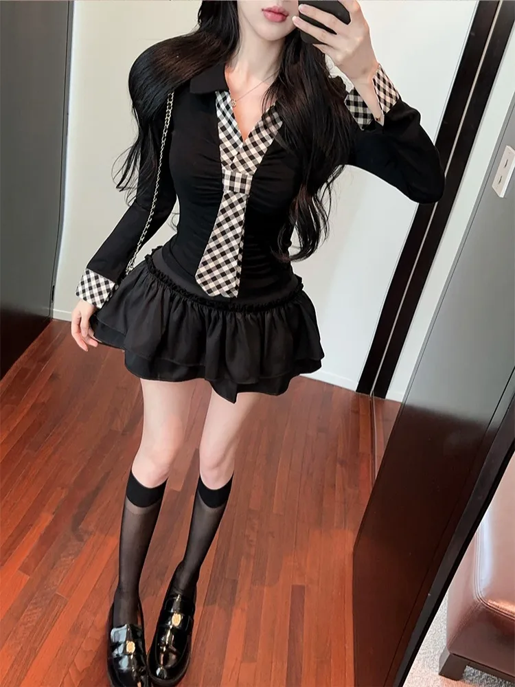 

Retro Sle Long Sve Collar Girl's T-irt High Waist Skirt Jk School orm Two Piece Set Women's Faion