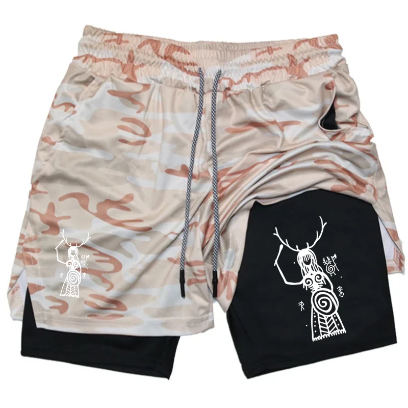 Primitive Mural Print 2 in 1 Running Shorts for Men Gym Workout Compression Shorts with Phone Pocket Towel Loop Summer Sport