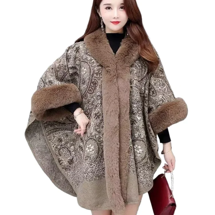 Winter Batwing Sleeves hooded cloak Women Warm String Faux Rabbit Fur Turn-Down Collar capas y poncho Cape dress Outstreet Coat