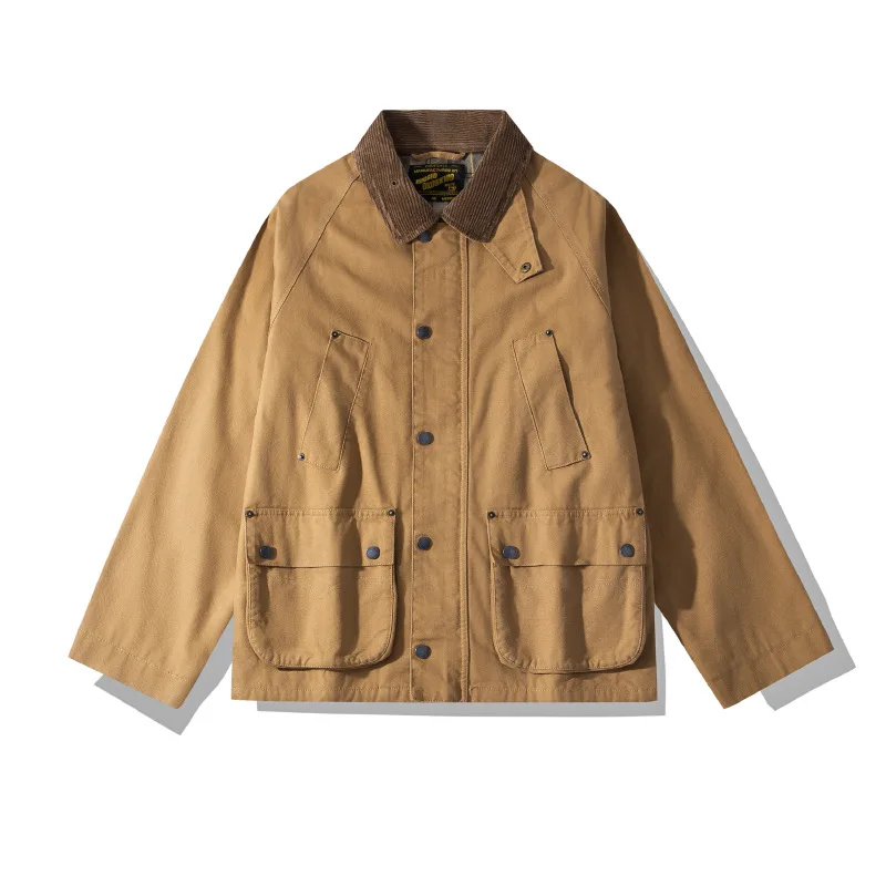 Men Women Vintage Raw Denim Hunting Jacket Corduroy Collar Multi Pocket Canvas Workwear Mid Length Casual Outerwear 100% Cotton