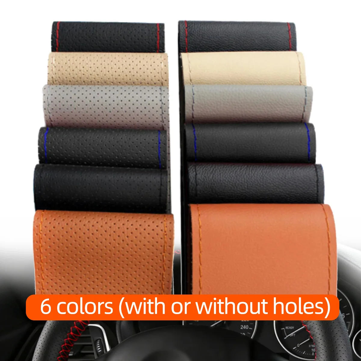 Universeller Leder-Auto-Lenkrad-Stich-On-Wrap-Cover, passend für 38 cm 14 Zoll DIY Nähen, atmungsaktiv und rutschfest, Schwarz, Grau, Beige – Detail 8