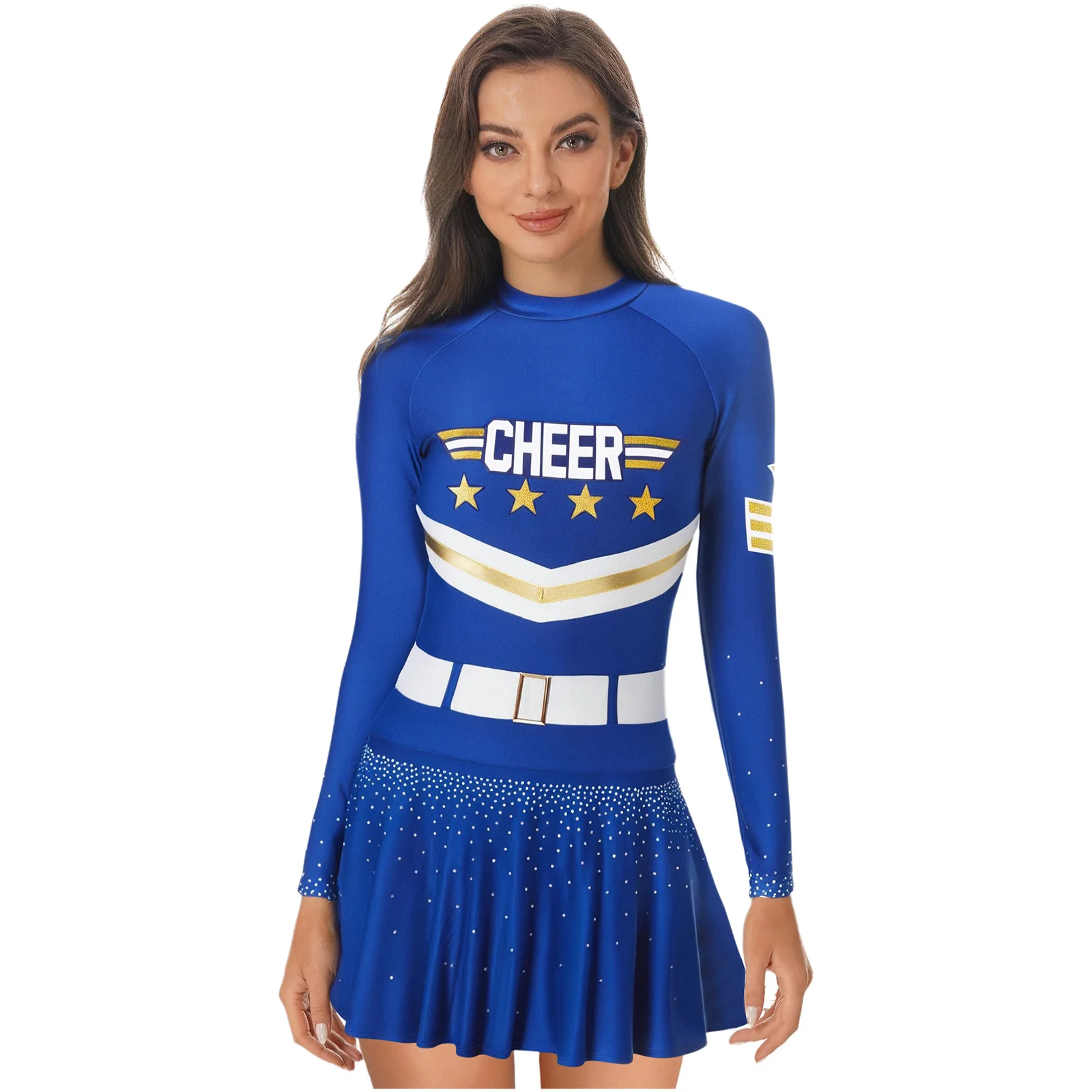 

Women Fashion Cheer-leading Dress Uniform Long Sleeve Letter Star Stripe Printed A-line Mini Dress for Halloween Competition